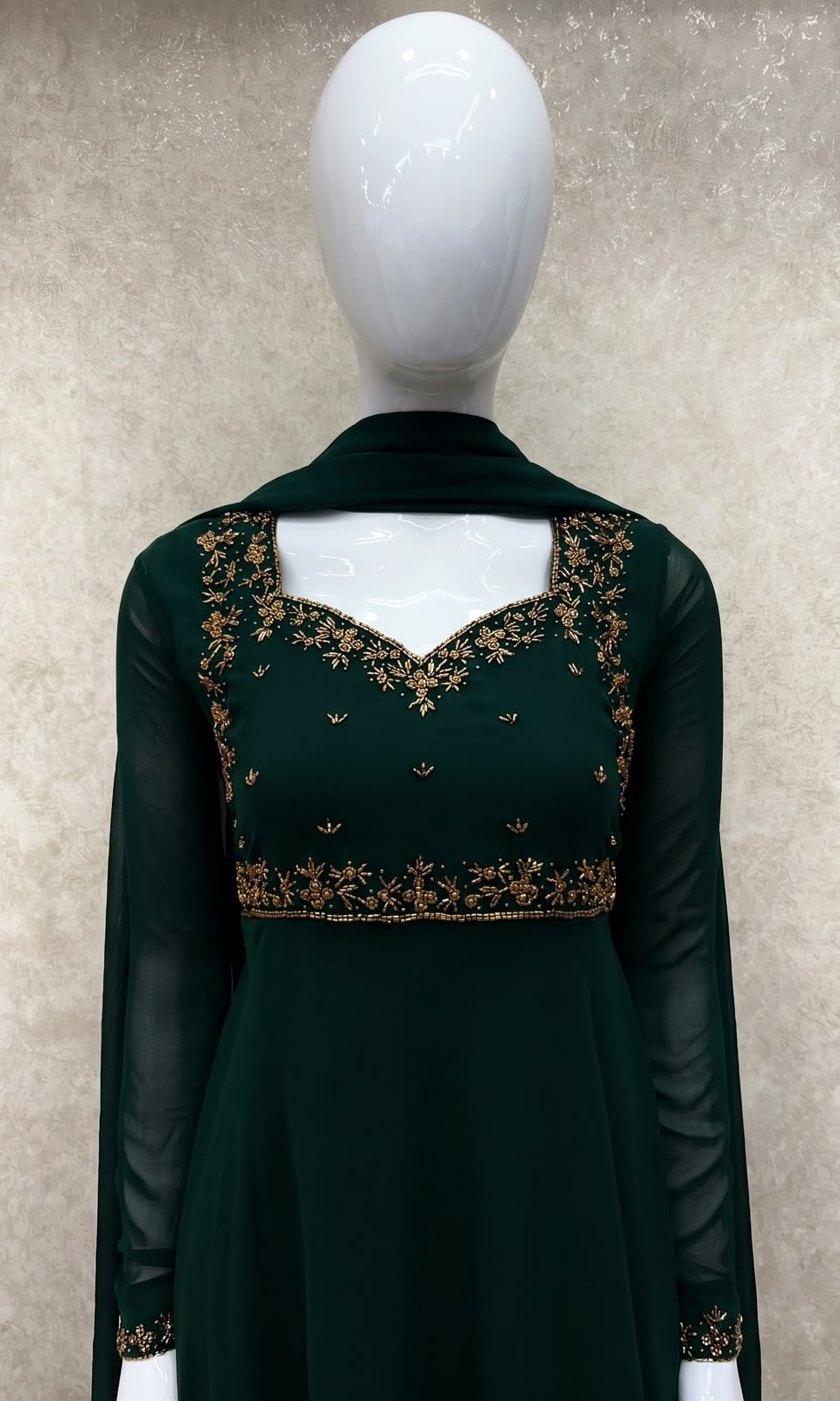 #TH219 / Georgette / Long Top Dupatta Set / Full Length / Full sleeves / Dark Green