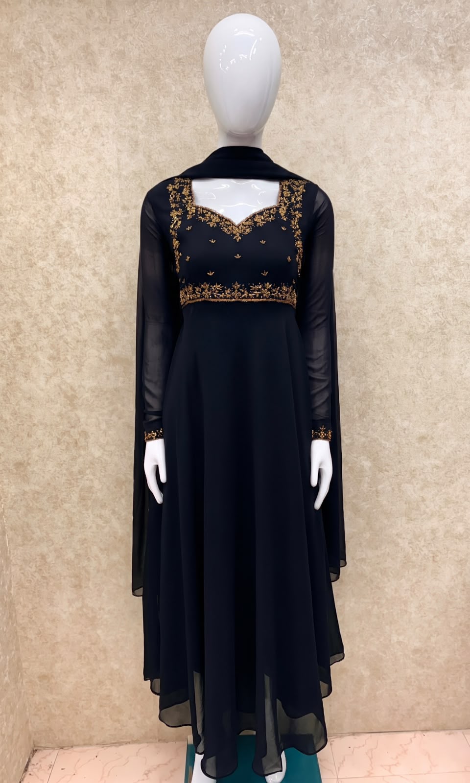 #TH219 / Georgette / Long Top Dupatta Set / Full Length / Full sleeves / Jet Black - Image 2
