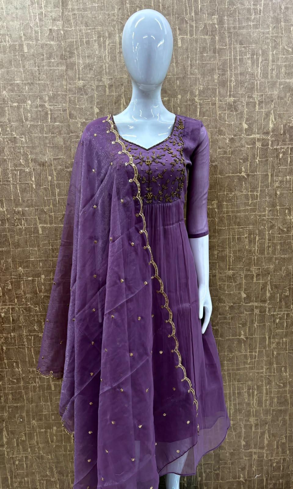 #TH235 / Long Top Heavy Embroideried Dupatta Set / Party wear / Dark Lavender - Image 2