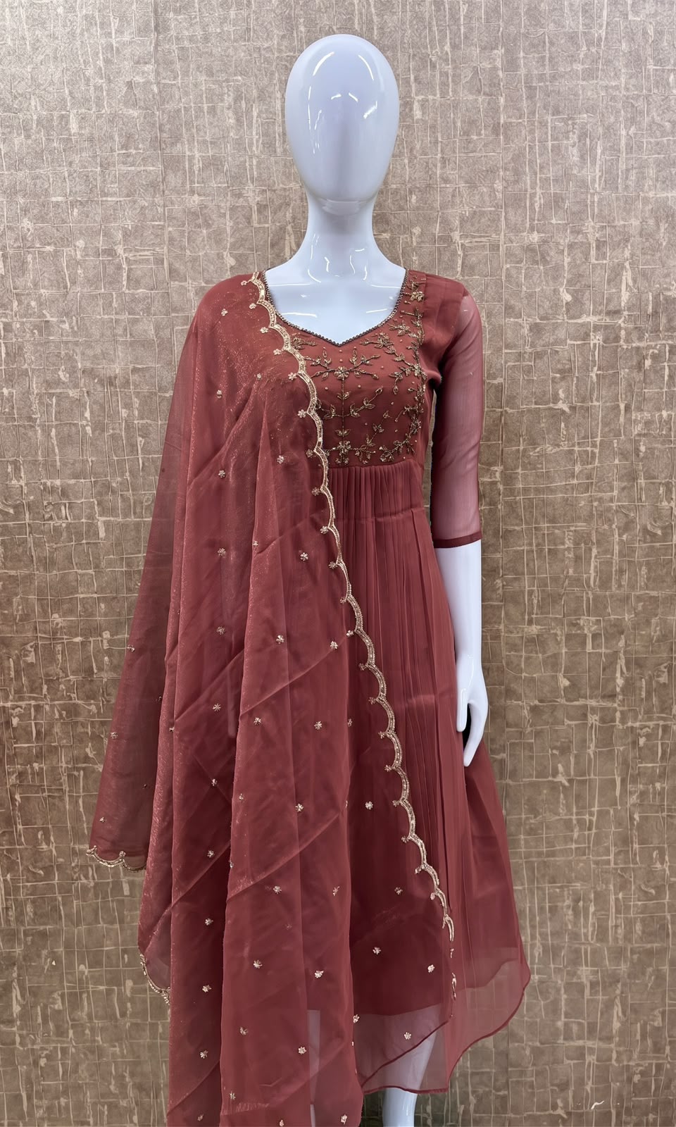 #TH235 / Long Top Heavy Embroideried Dupatta Set / Party wear / Peach - Image 2