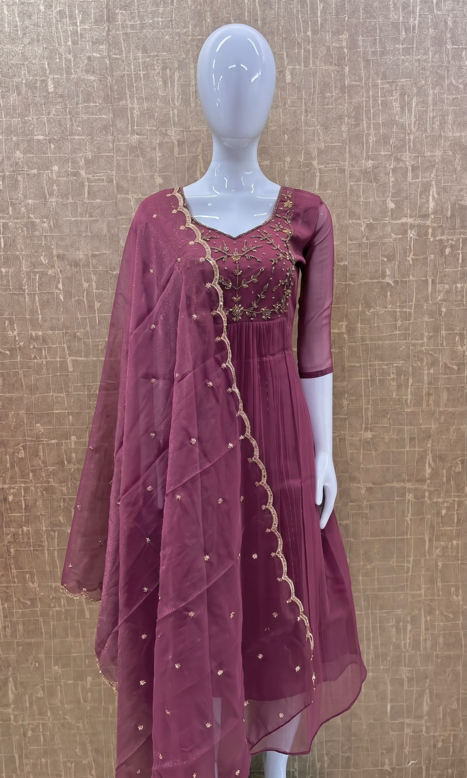 #TH235 / Long Top Heavy Embroideried Dupatta Set / Party wear / Pink - Image 2