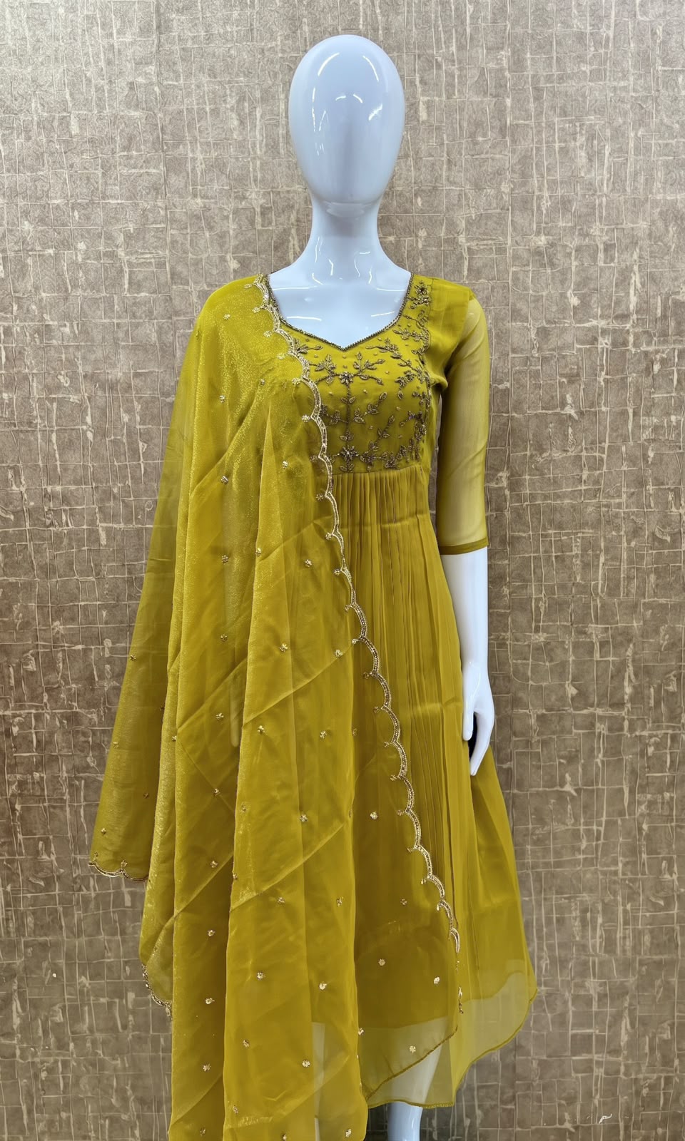 #TH235 / Long Top Heavy Embroideried Dupatta Set / Party wear / Yellow - Image 2