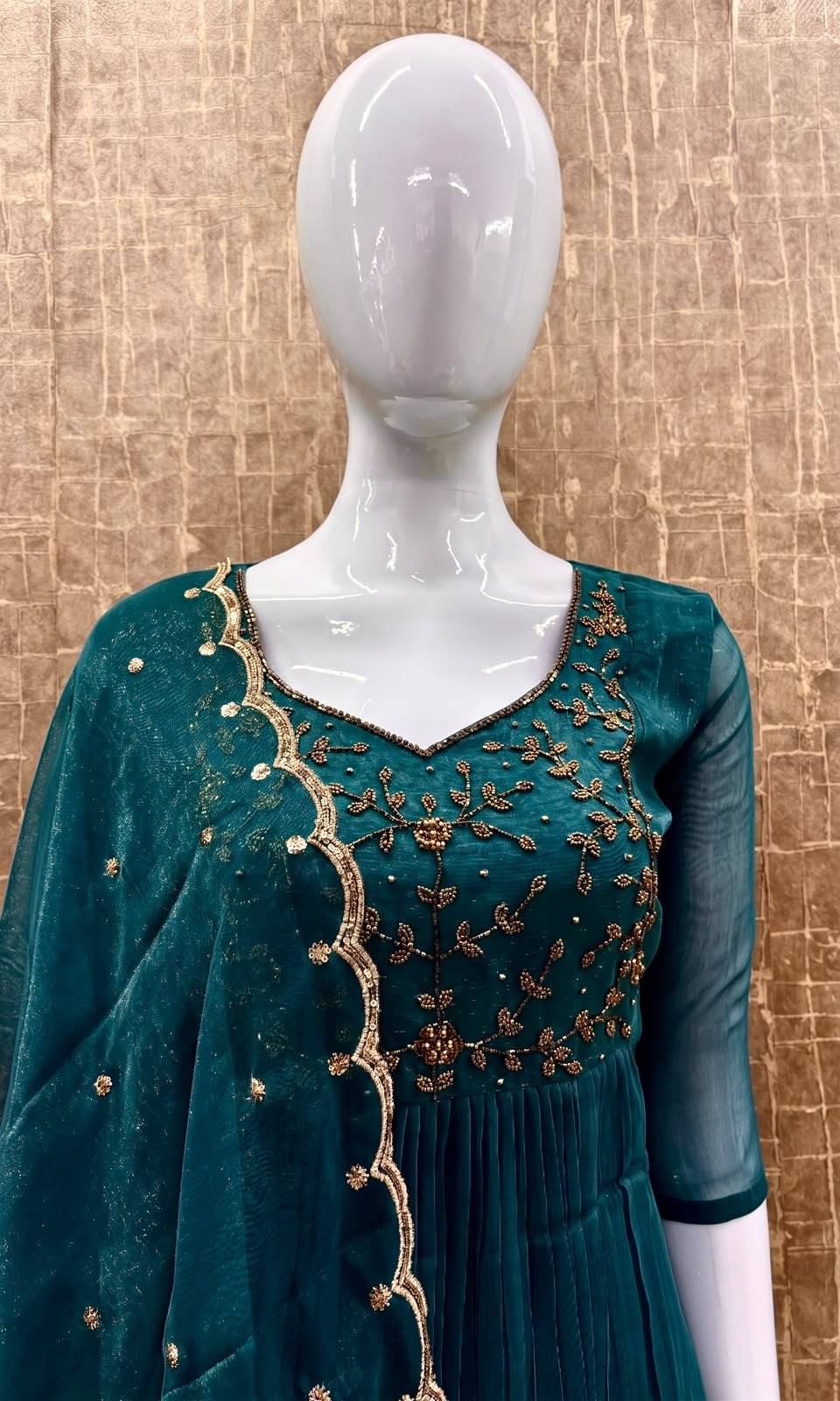 #TH235 / Long Top Heavy Embroideried Dupatta Set / Party wear / Peacock Blue
