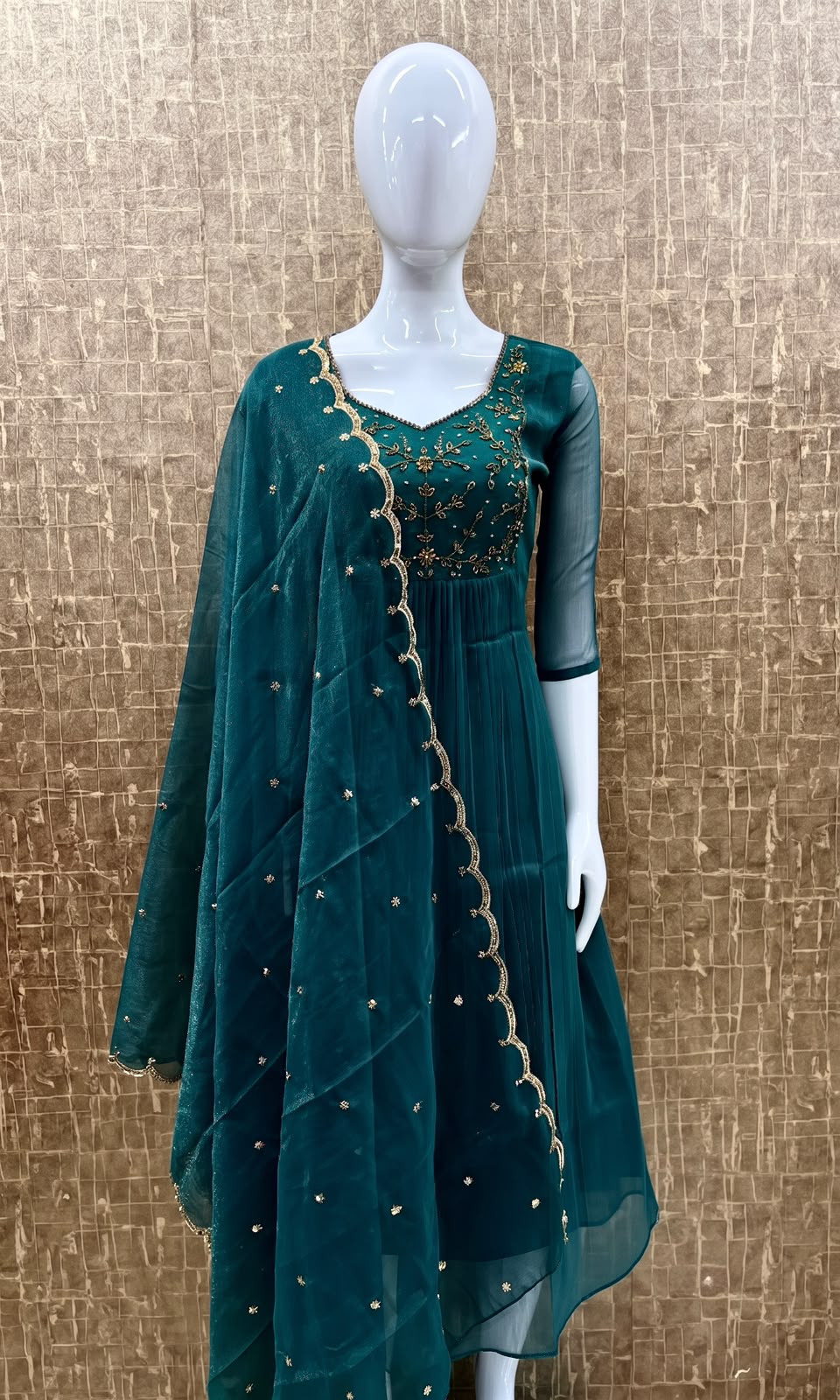 #TH235 / Long Top Heavy Embroideried Dupatta Set / Party wear / Peacock Blue - Image 2