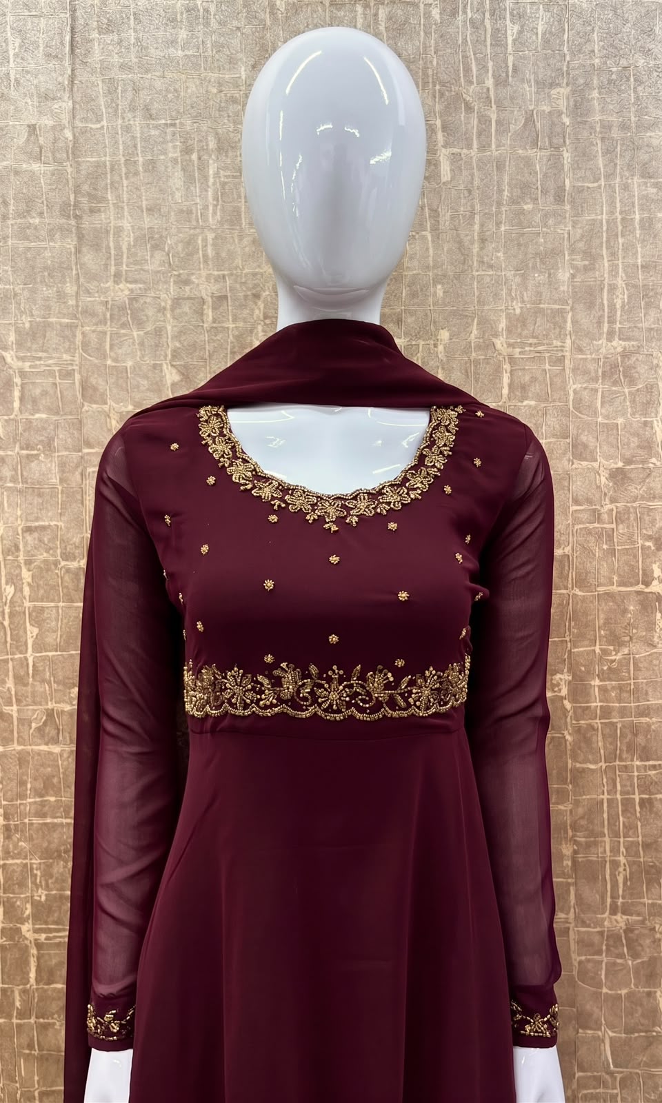 #TH237 / Georgette / Long Top Dupatta Set / Full sleeves / Dark Maroon