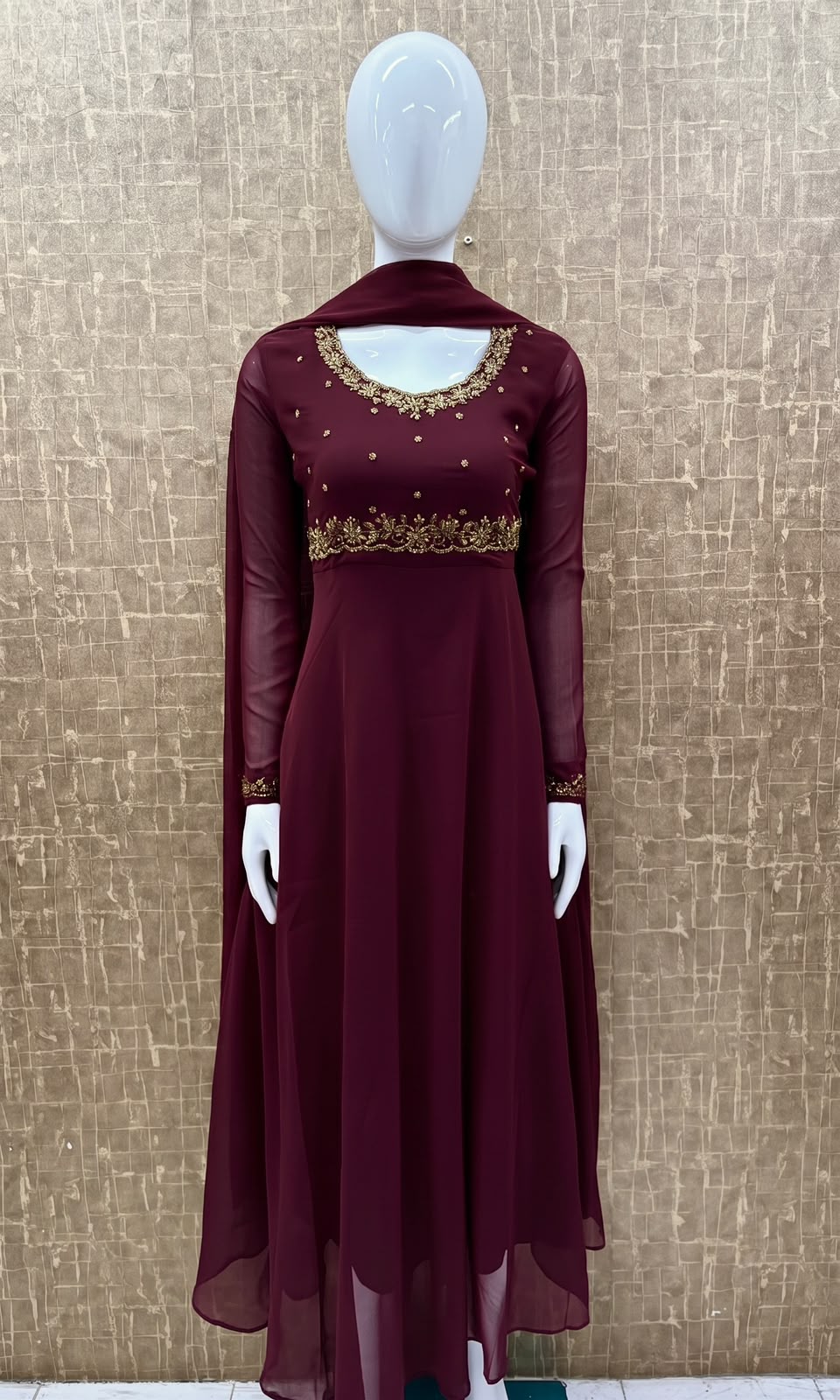 #TH237 / Georgette / Long Top Dupatta Set / Full sleeves / Dark Maroon - Image 2