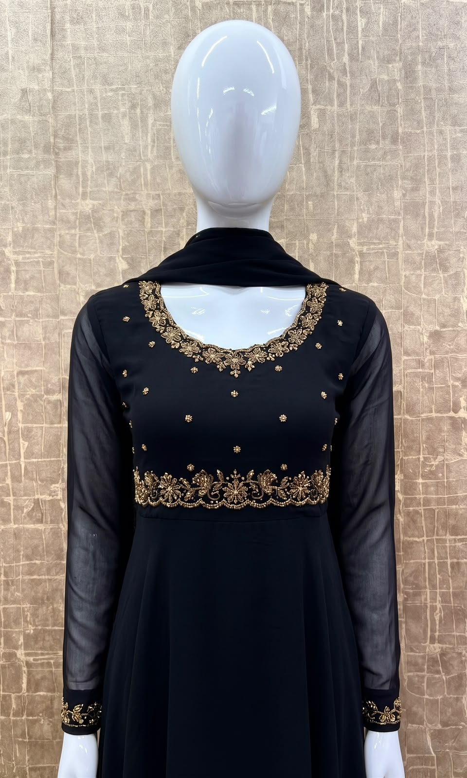 #TH237 / Georgette / Long Top Dupatta Set / Full sleeves / Jet Black