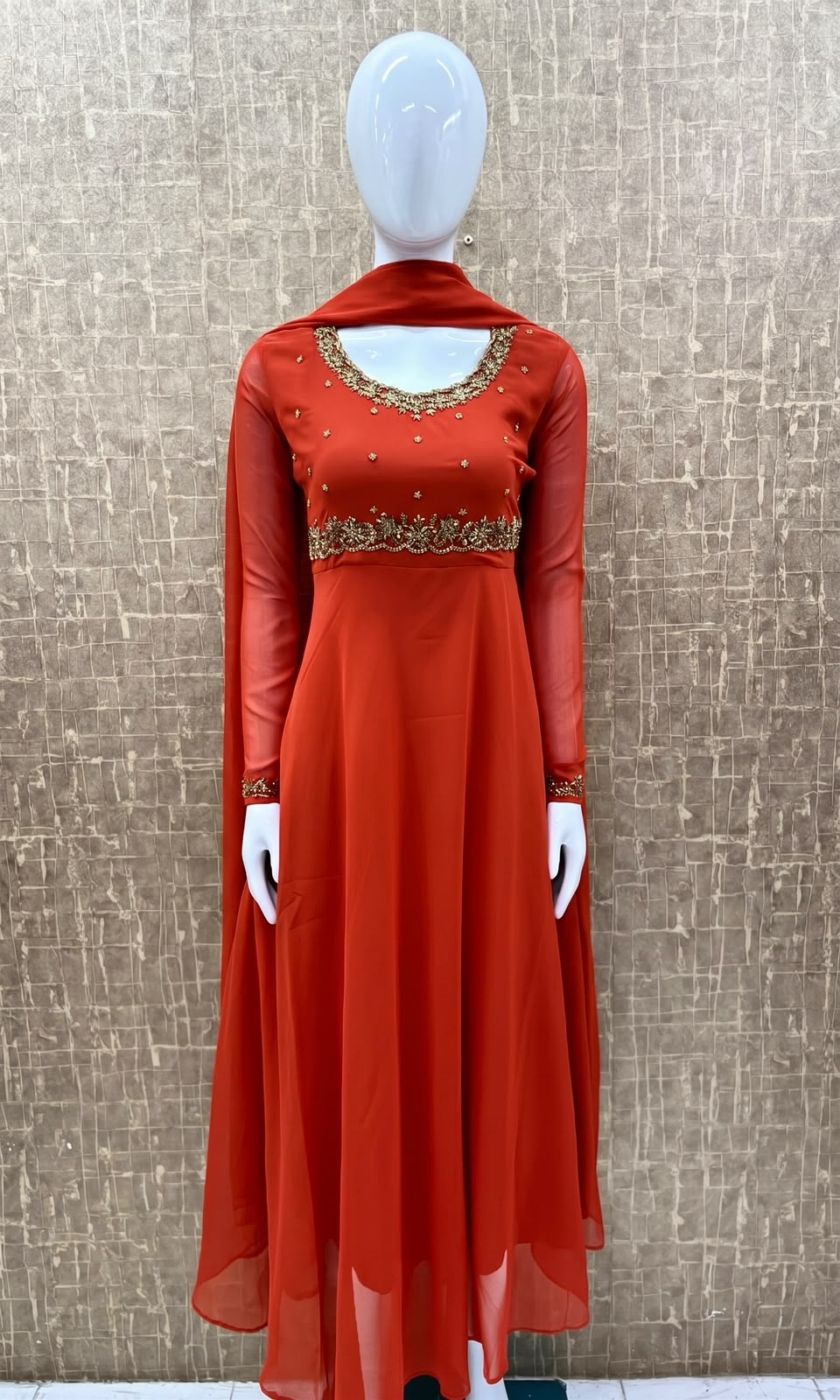 #TH237 / Georgette / Long Top Dupatta Set / Full sleeves / Orange - Image 2