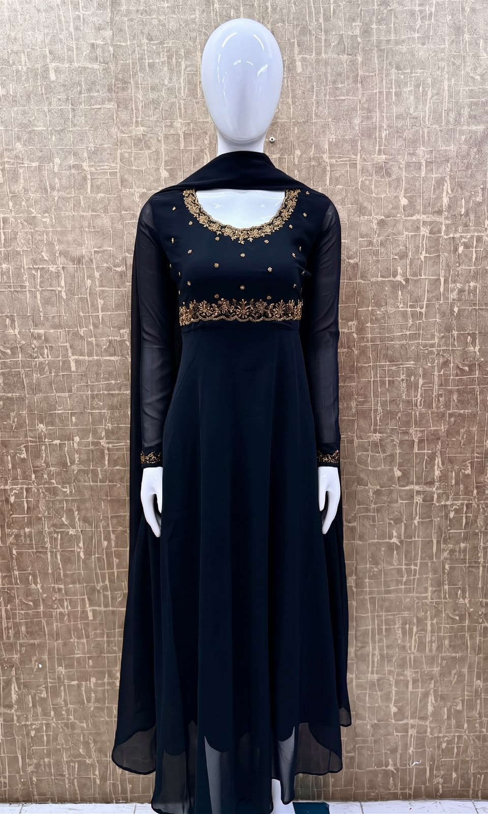 #TH237 / Georgette / Long Top Dupatta Set / Full sleeves / Jet Black - Image 2