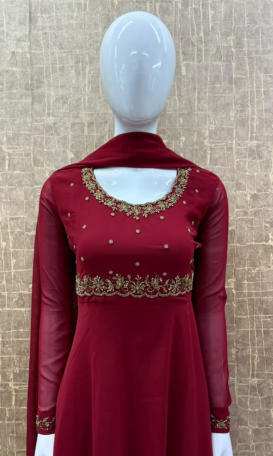 #TH237 / Georgette / Long Top Dupatta Set / Full sleeves / Reddish Maroon