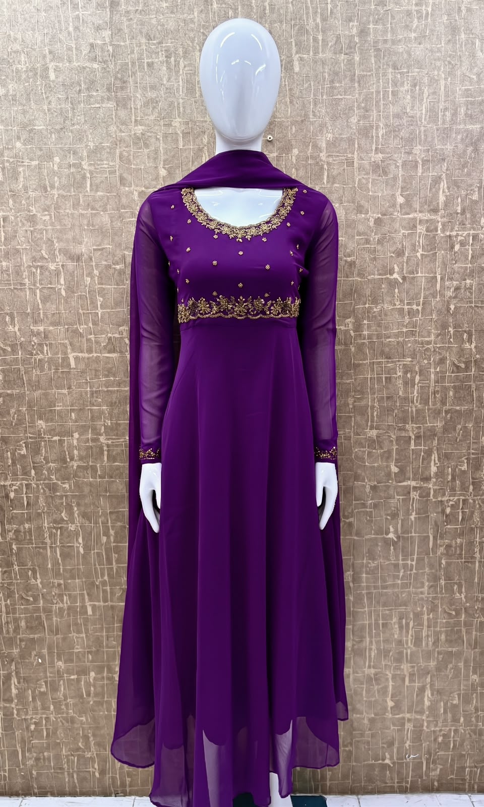 #TH237 / Georgette / Long Top Dupatta Set / Full sleeves / Purple - Image 2