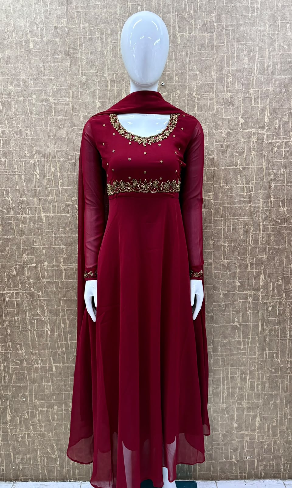 #TH237 / Georgette / Long Top Dupatta Set / Full sleeves / Reddish Maroon - Image 2
