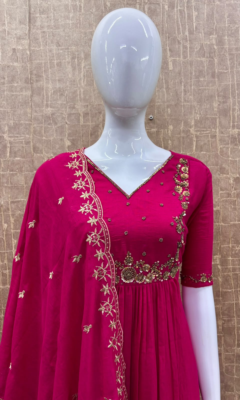 #TH234 / Long Top Heavy Embroideried Dupatta Set / Party wear / Dark Pink