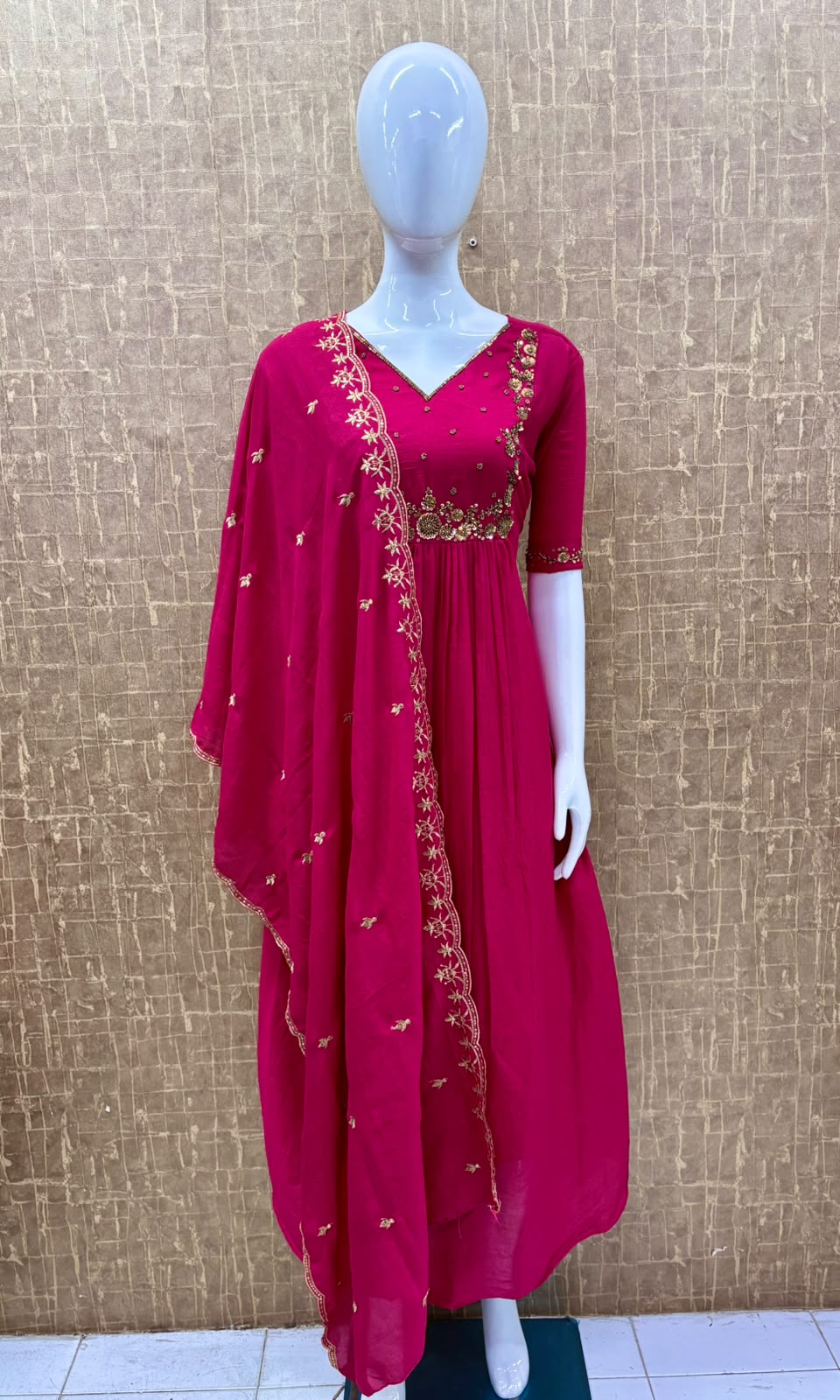 #TH234 / Long Top Heavy Embroideried Dupatta Set / Party wear / Dark Pink - Image 2