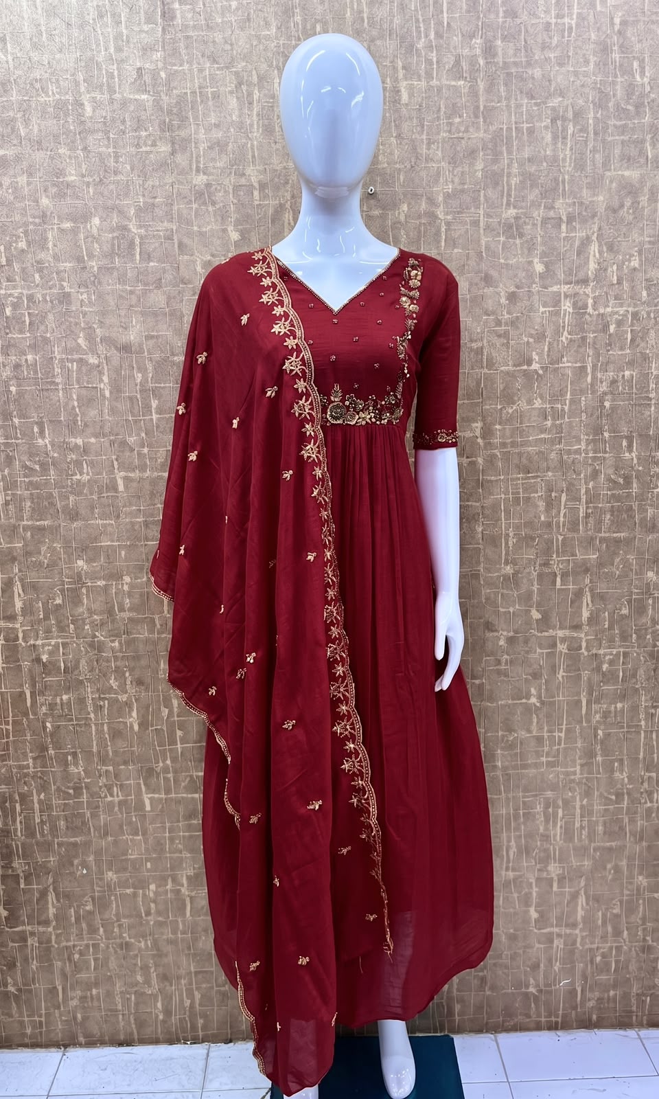 #TH234 / Long Top Heavy Embroideried Dupatta Set / Party wear / Maroon - Image 2