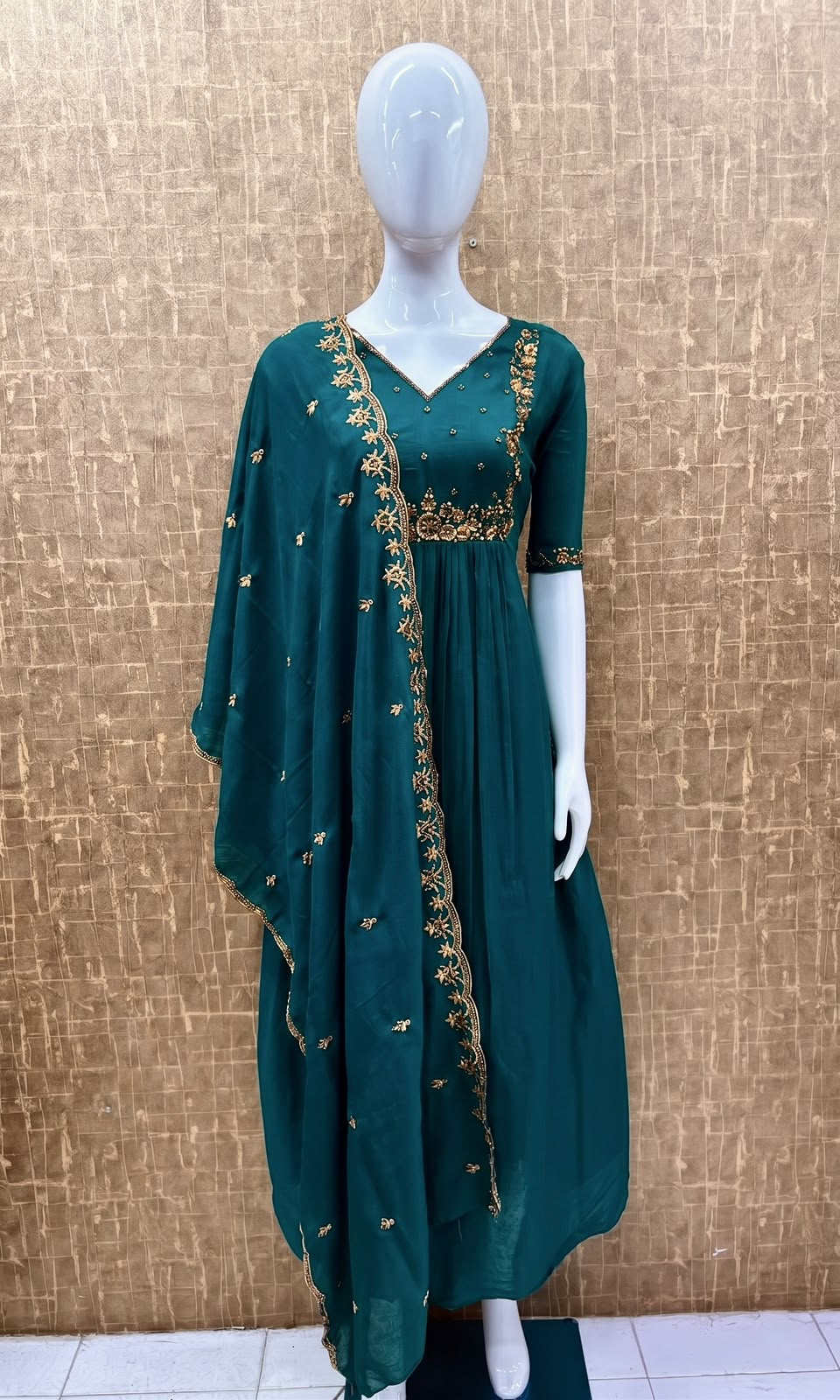 #TH234 / Long Top Heavy Embroideried Dupatta Set / Party wear / Peacock - Image 2