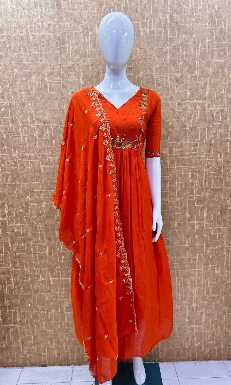 #TH234 / Long Top Heavy Embroideried Dupatta Set / Party wear / Orange - Image 2