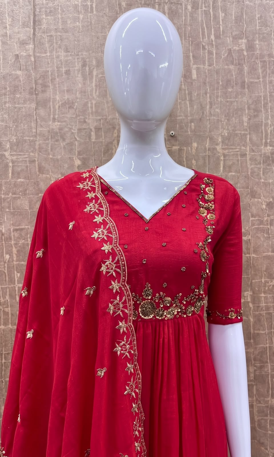 #TH234 / Long Top Heavy Embroideried Dupatta Set / Party wear / Red