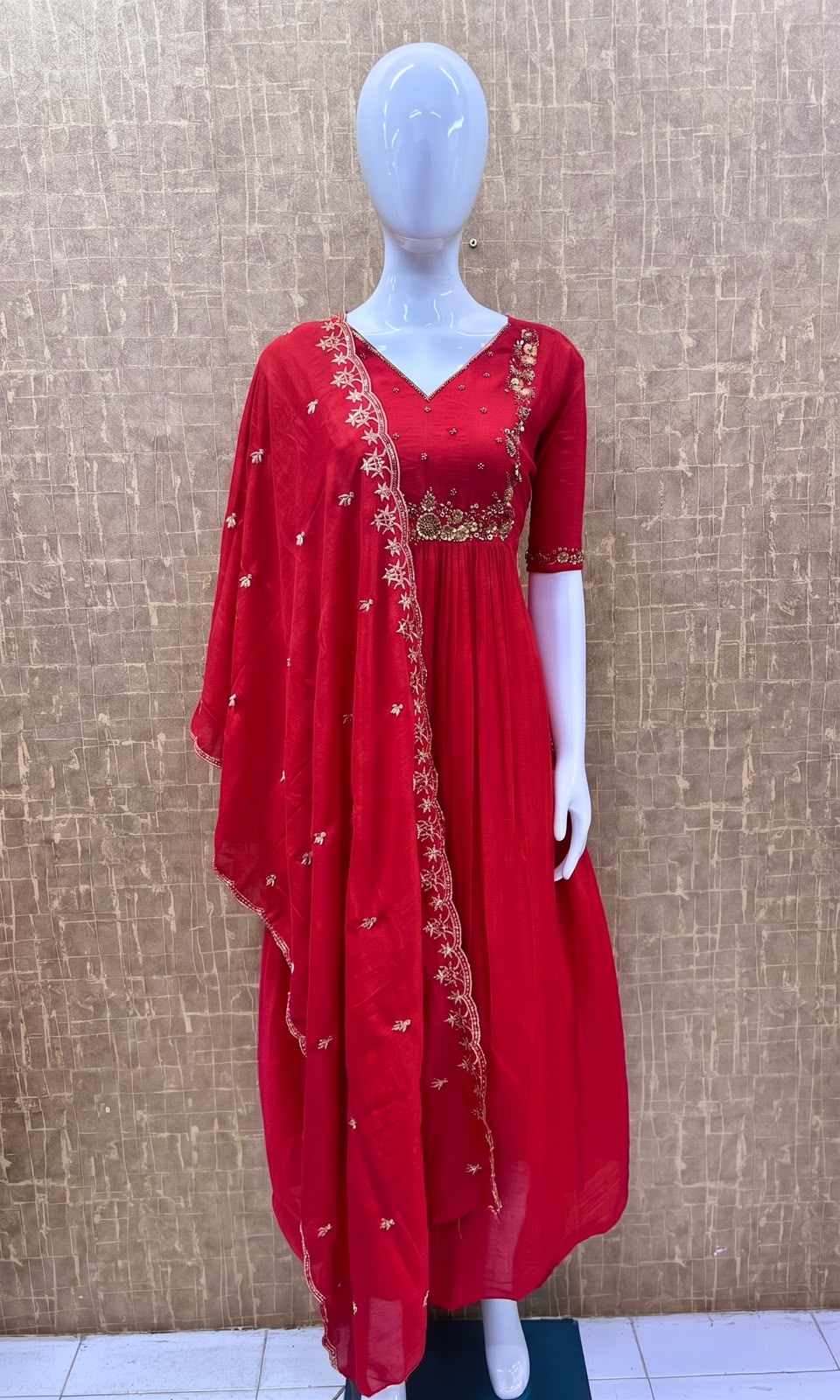 #TH234 / Long Top Heavy Embroideried Dupatta Set / Party wear / Red - Image 2