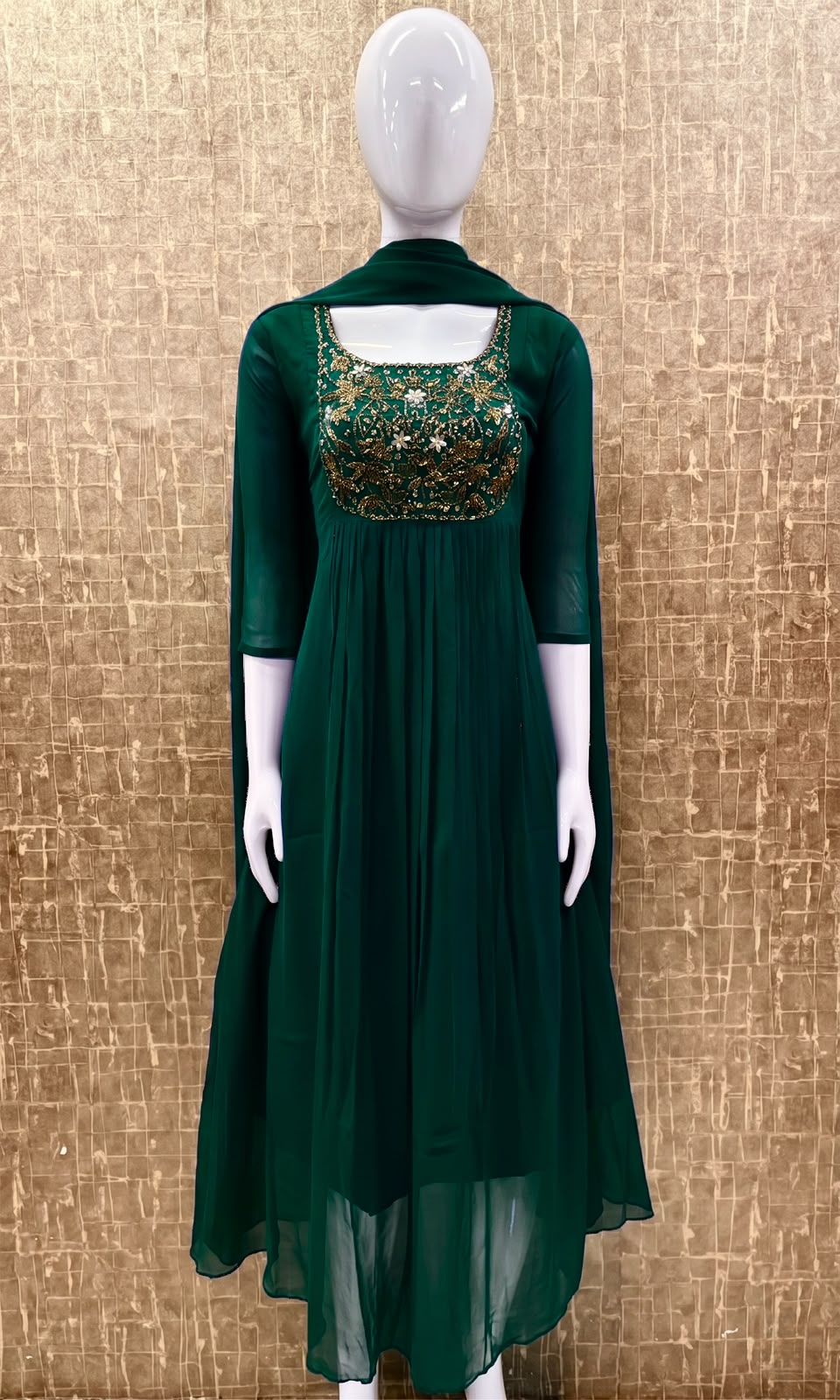 #TH238 / Top Dupatta Set / Pleated Pattern / Dark Green - Image 2