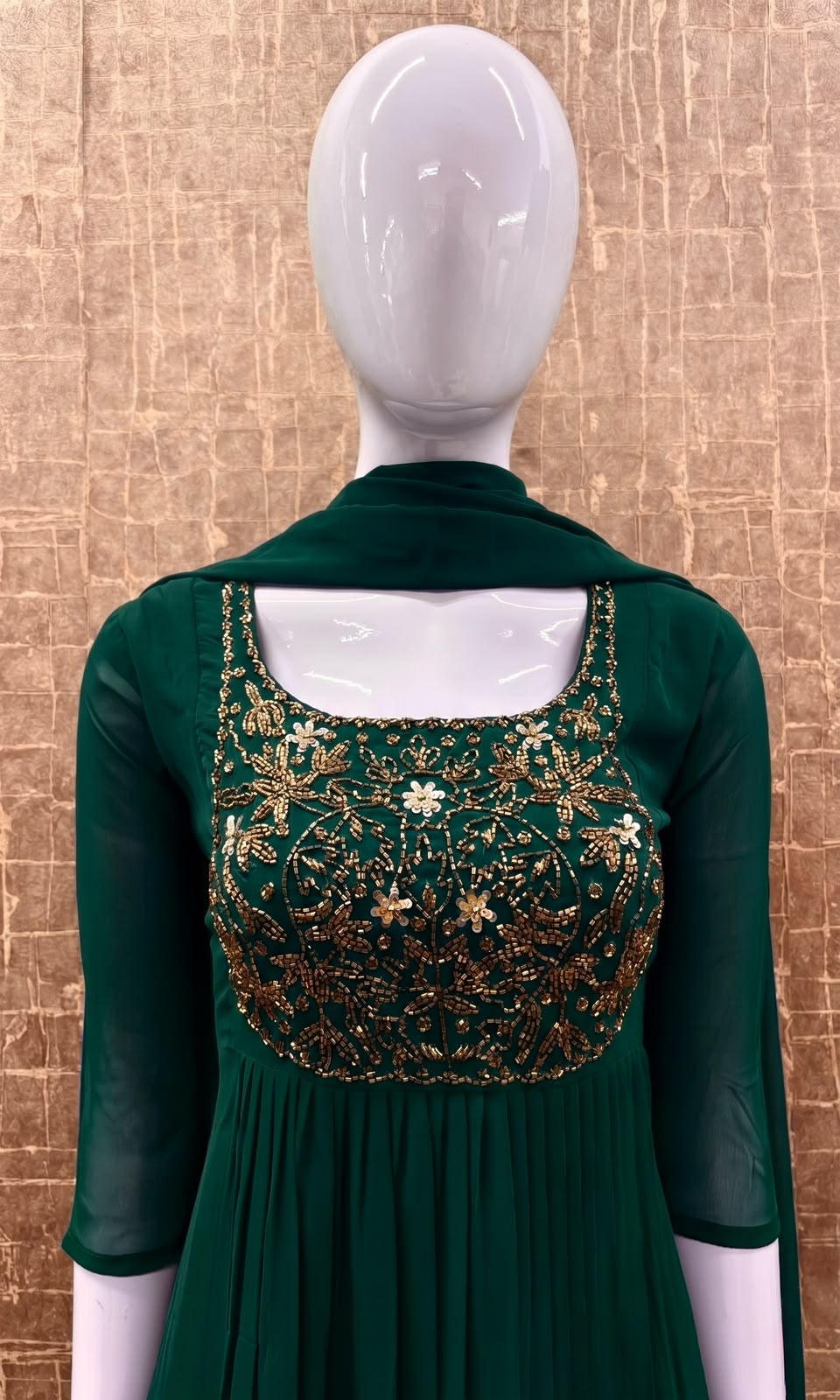 #TH238 / Top Dupatta Set / Pleated Pattern / Dark Green