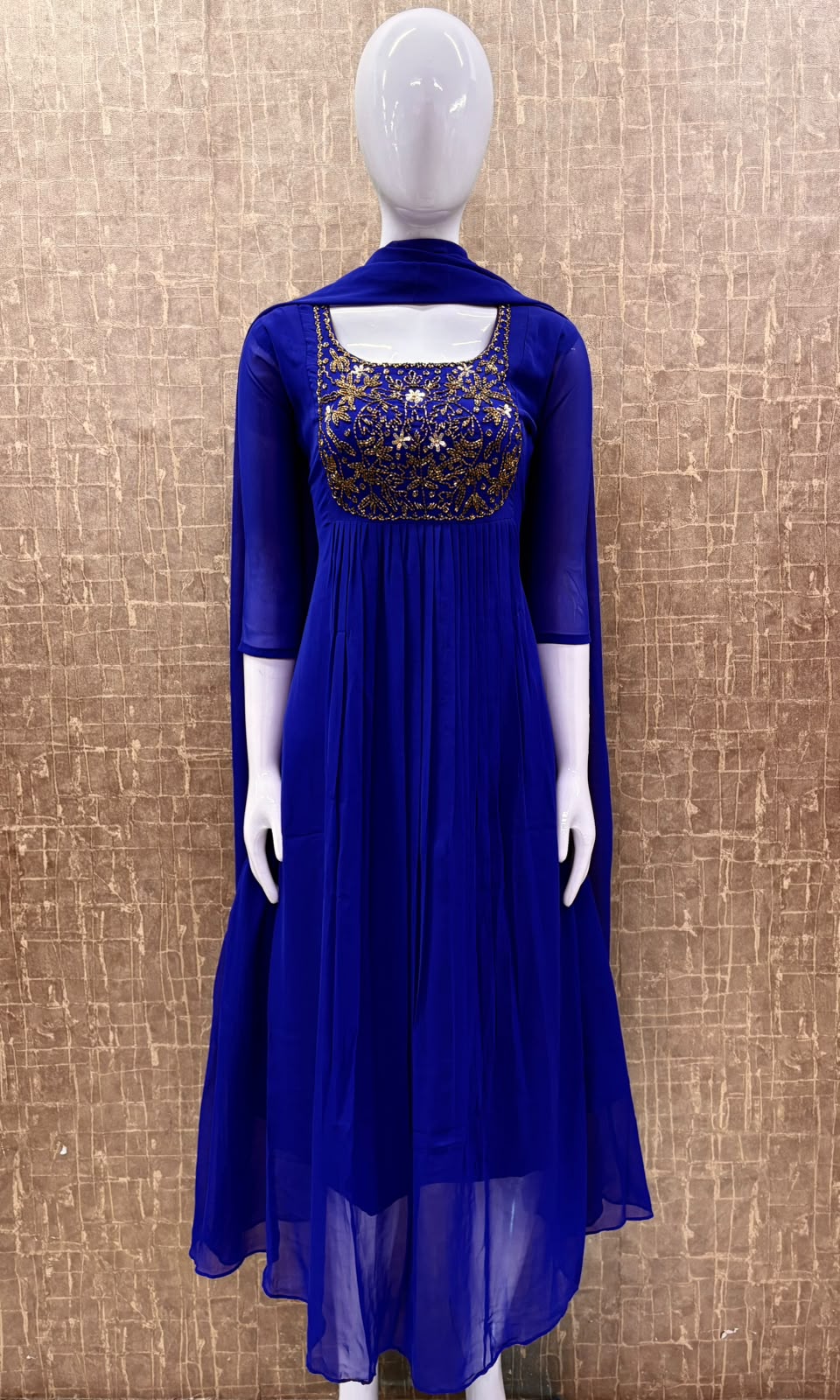 #TH238 / Top Dupatta Set / Pleated Pattern / Royal Blue - Image 2