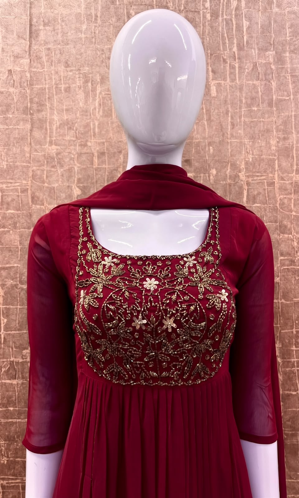 #TH238 / Top Dupatta Set / Pleated Pattern / Reddish Maroon