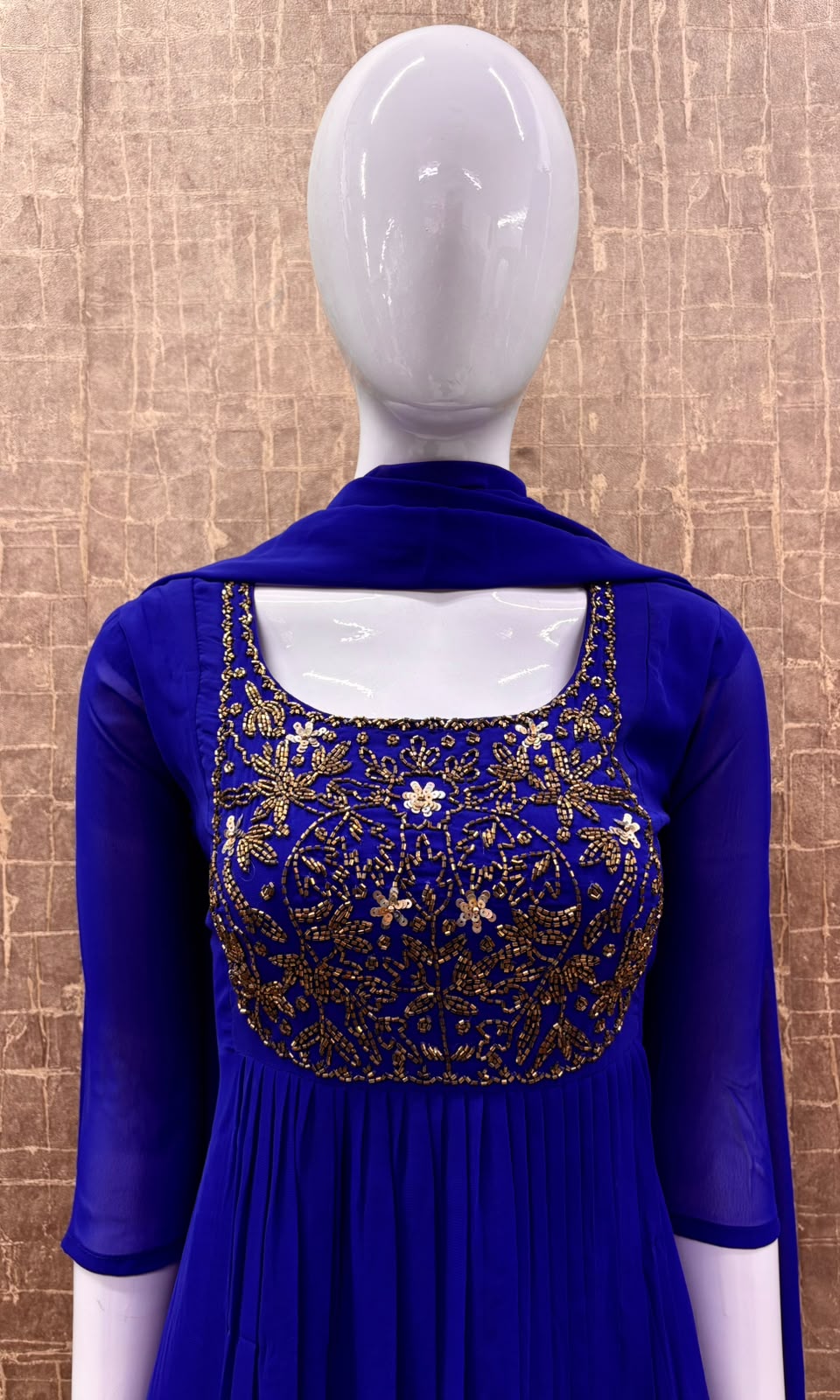 #TH238 / Top Dupatta Set / Pleated Pattern / Royal Blue