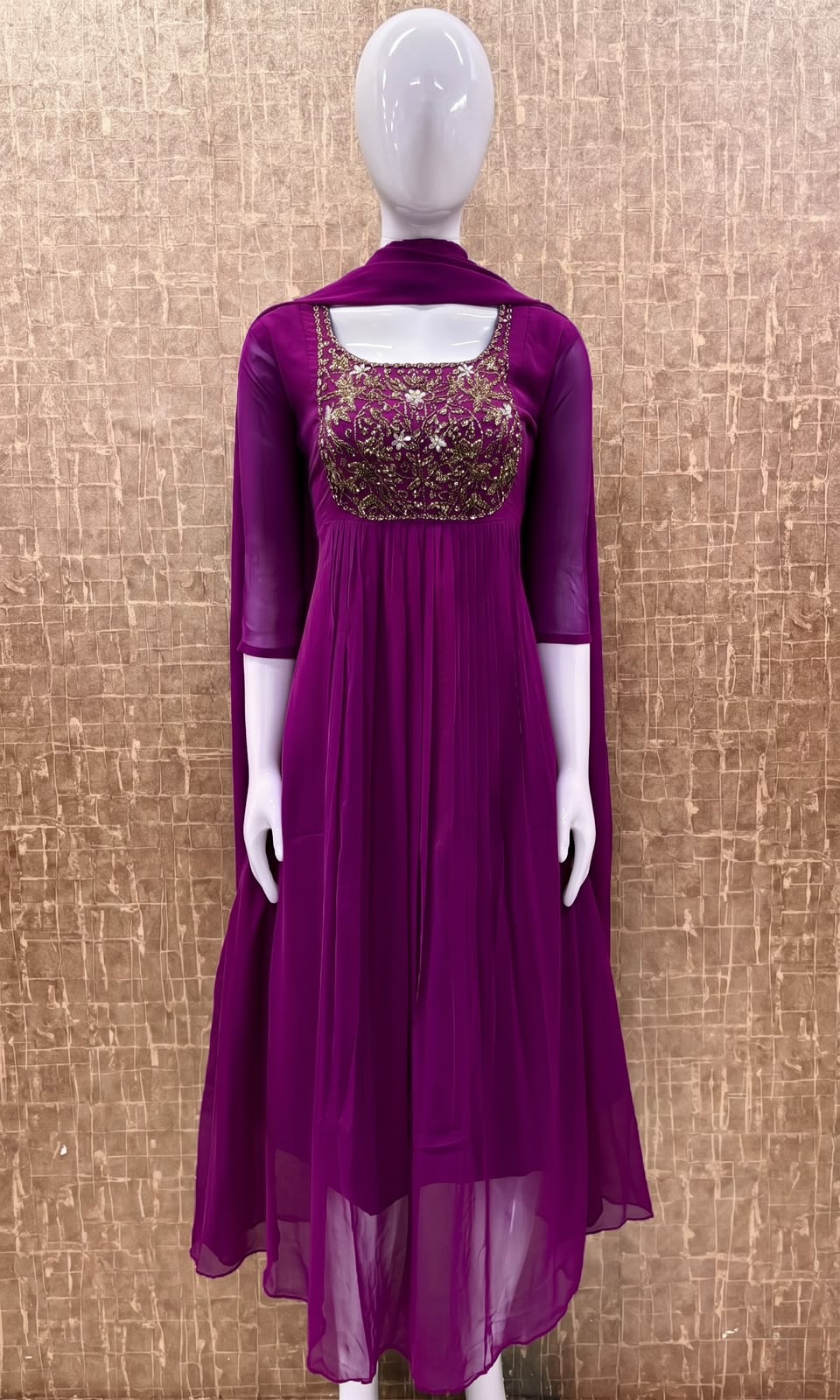 #TH238 / Top Dupatta Set / Pleated Pattern / Purple - Image 2