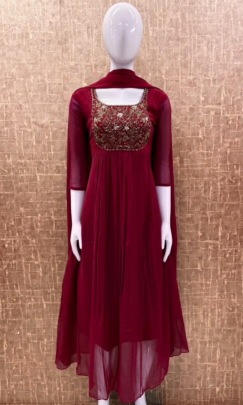 #TH238 / Top Dupatta Set / Pleated Pattern / Reddish Maroon - Image 2