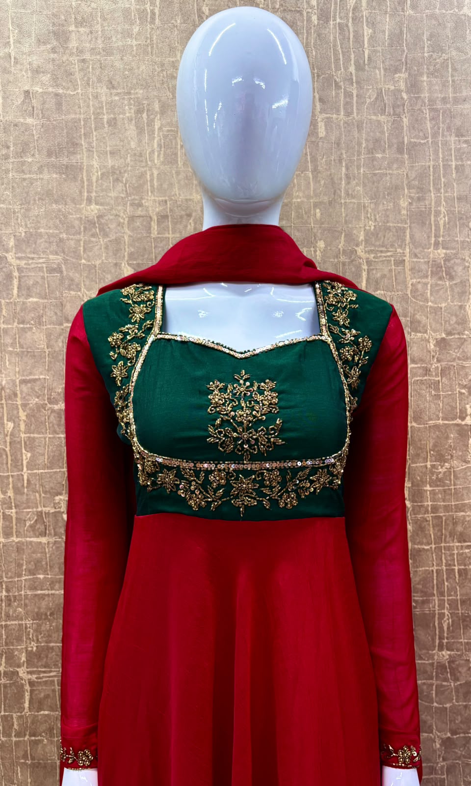 #TH239 / Contrast Vichitra Silk / Long Top Dupatta Set / Full Length / Full sleeves / Red