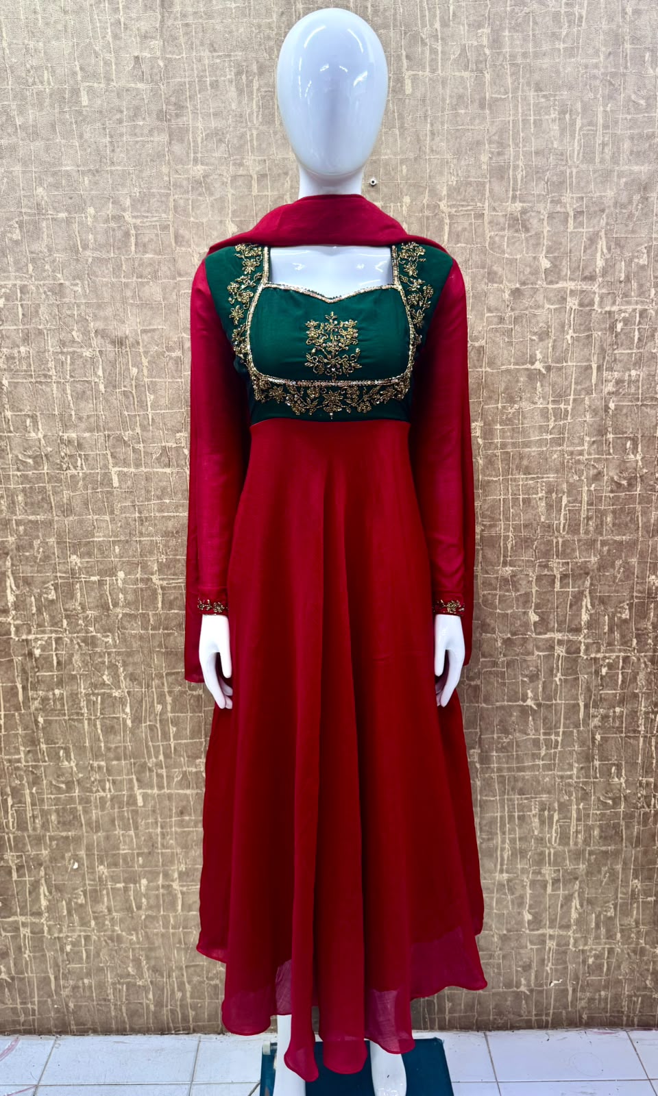 #TH239 / Contrast Vichitra Silk / Long Top Dupatta Set / Full Length / Full sleeves / Red - Image 2