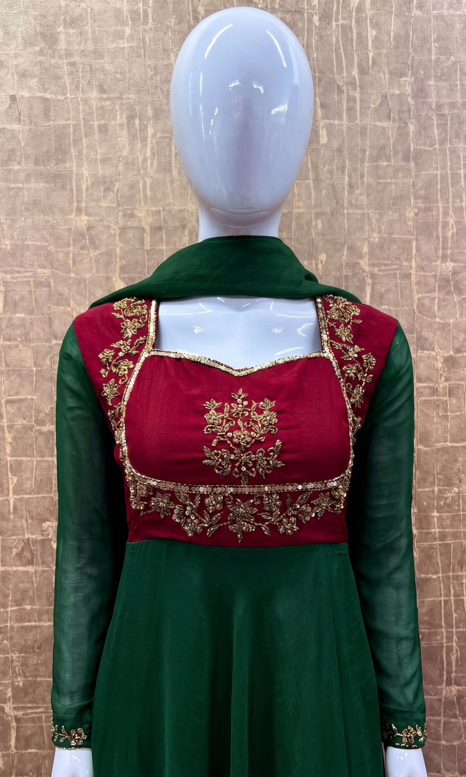 #TH239 / Contrast Vichitra Silk / Long Top Dupatta Set / Full Length / Full sleeves / Dark Green