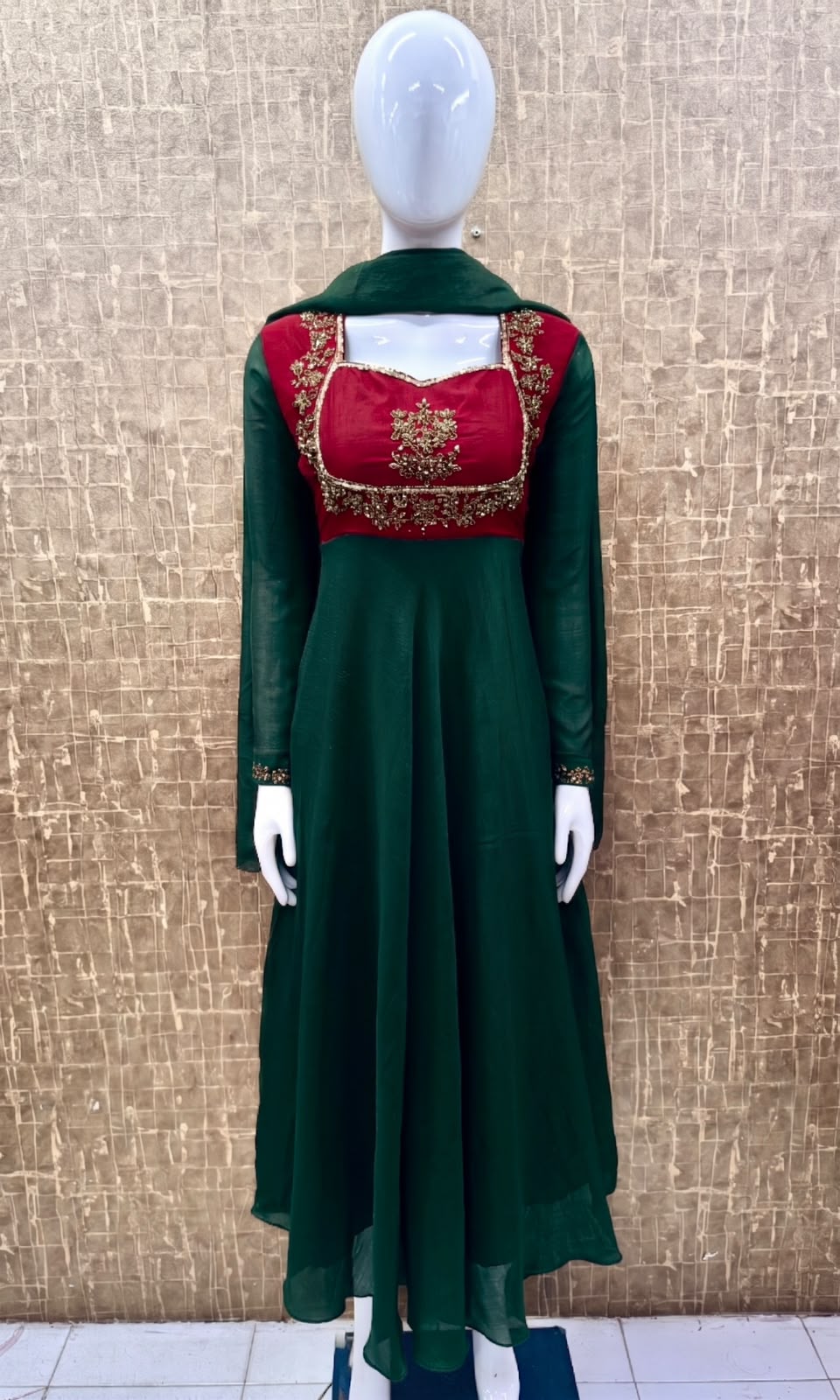 #TH239 / Contrast Vichitra Silk / Long Top Dupatta Set / Full Length / Full sleeves / Dark Green - Image 2