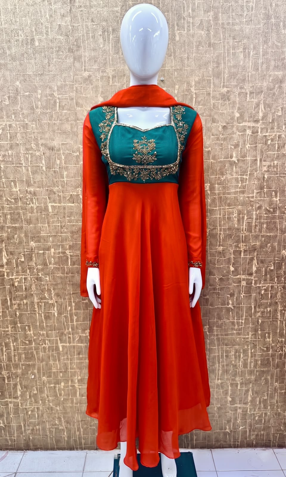 #TH239 / Contrast Vichitra Silk / Long Top Dupatta Set / Full Length / Full sleeves / Orange - Image 2