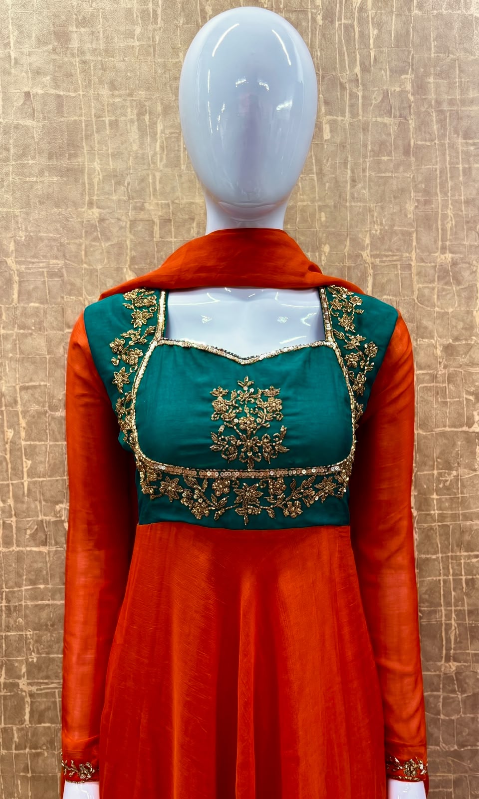 #TH239 / Contrast Vichitra Silk / Long Top Dupatta Set / Full Length / Full sleeves / Orange