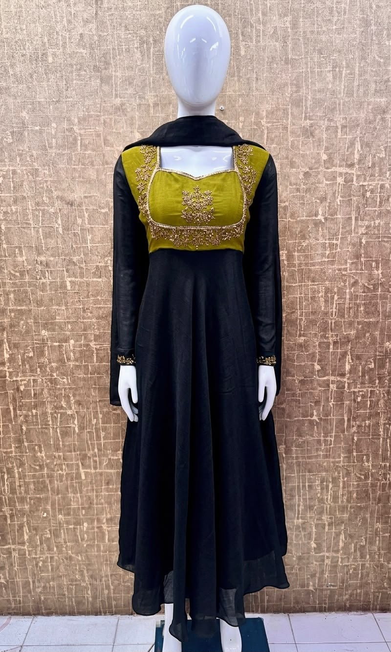 #TH239 / Contrast Vichitra Silk / Long Top Dupatta Set / Full Length / Full sleeves / Jet Black - Image 2