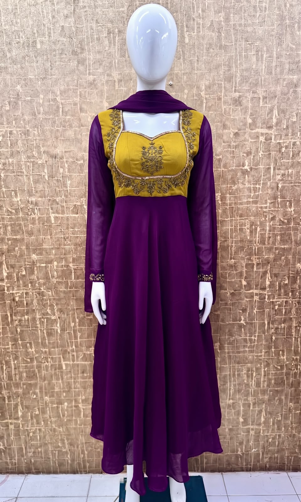 #TH239 / Contrast Vichitra Silk / Long Top Dupatta Set / Full Length / Full sleeves / Purple - Image 2